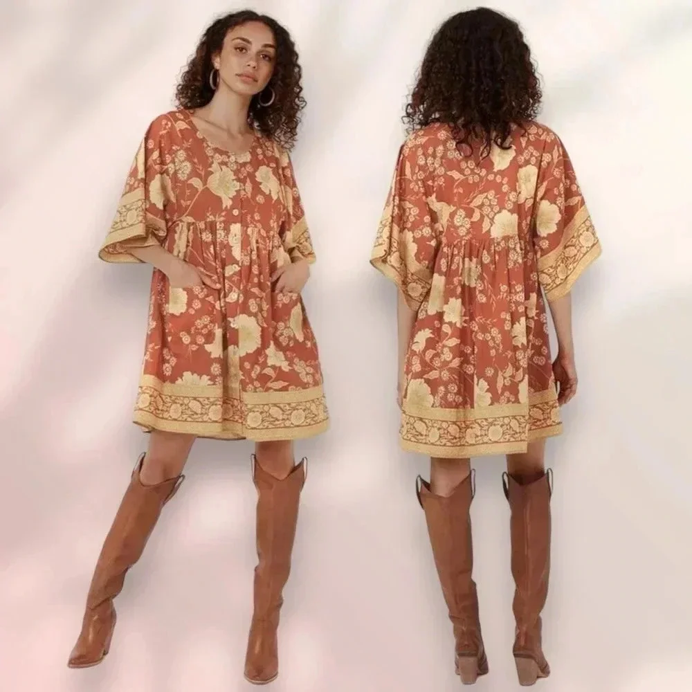 NWT SPELL & THE GYPSY Sloan Smock Mini Dress in Ochre Size M - Picture 7 of 16